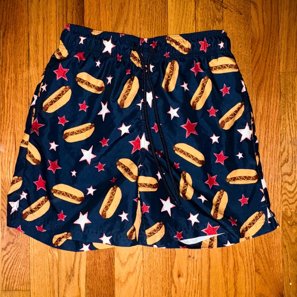 Blue Swim Trunks with Hot Dog and Star Print
